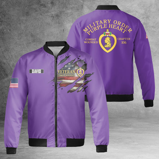 Custom Name Purple Heart Veteran Combat Wounded AOP Fleece Bomber Jacket