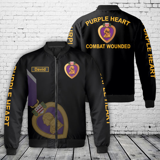 Custom Name Purple Heart, Combat Wounded Fleece Bomber Jacket