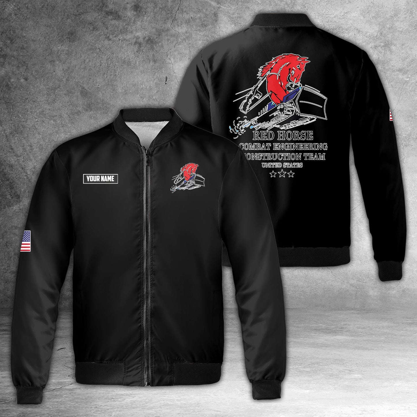 Custom Name Red Horse Combat Engineer Bomber Jacket