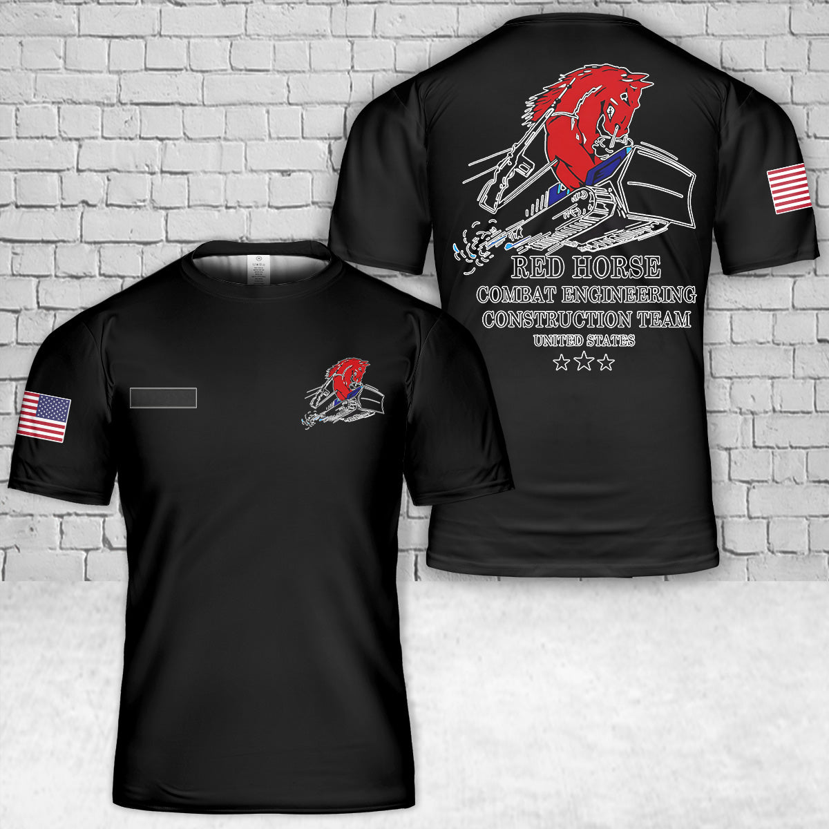 Custom Name Red Horse Combat Engineer T-Shirt 3D