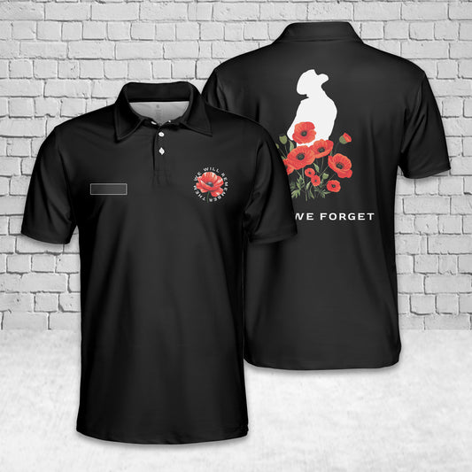Custom Name Red Poppy Anzac Day We Will Remember Them Lest We Forget Polo Shirt