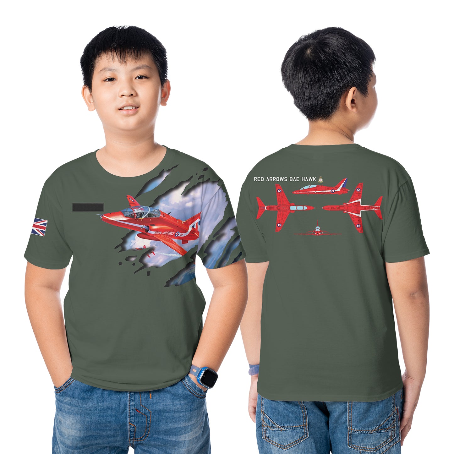 Custom Name Royal Air Force Aerobatic Team Red Arrows BAE HAWK Kids and Youth T-Shirt 3D