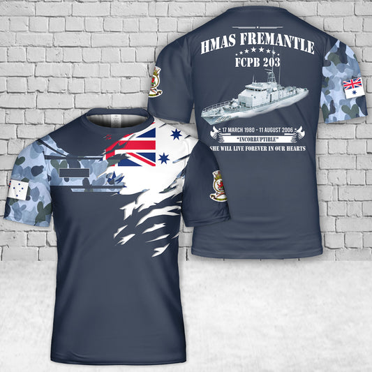 Custom Name Royal Australian Navy HMAS Fremantle (FCPB 203) Fremantle-class patrol boat Australian White Ensign T-Shirt 3D