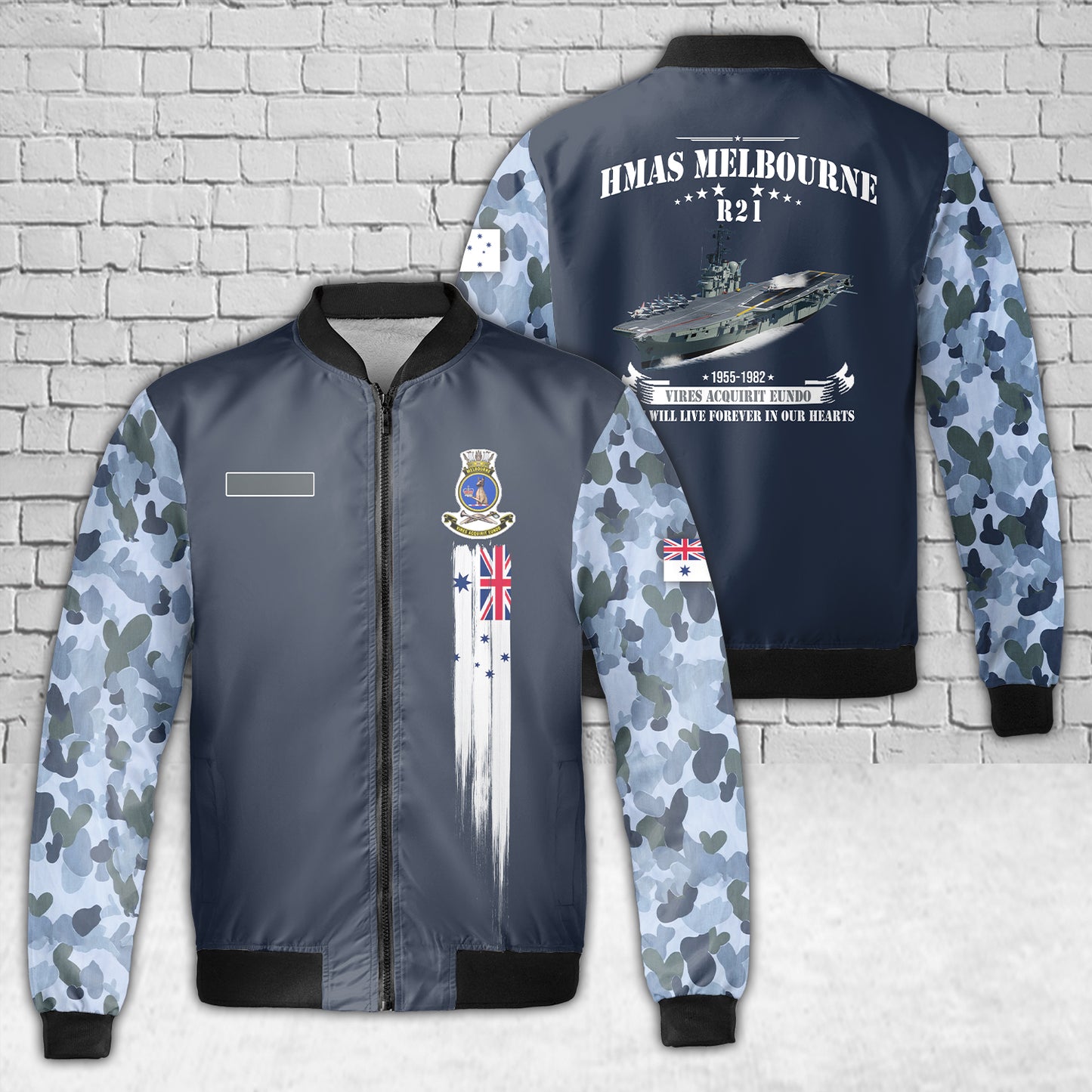 Custom Name Royal Australian Navy HMAS Melbourne (R21) Fleece Bomber Jacket 3D