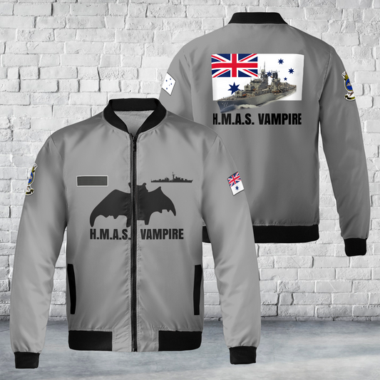 Custom Name Royal Australian Navy RAN HMAS Vampire (D11) AOP Fleece Bomber Jacket