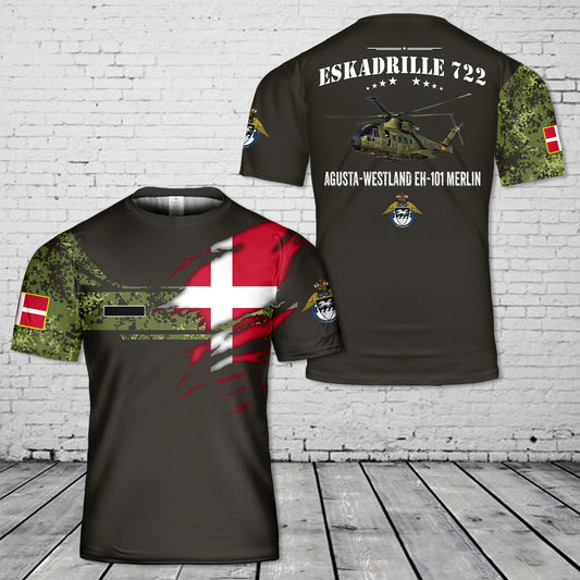 Custom Name Royal Danish Air Force Eskadrille 722 Agusta-Westland EH-101 Merlin T-Shirt 3D