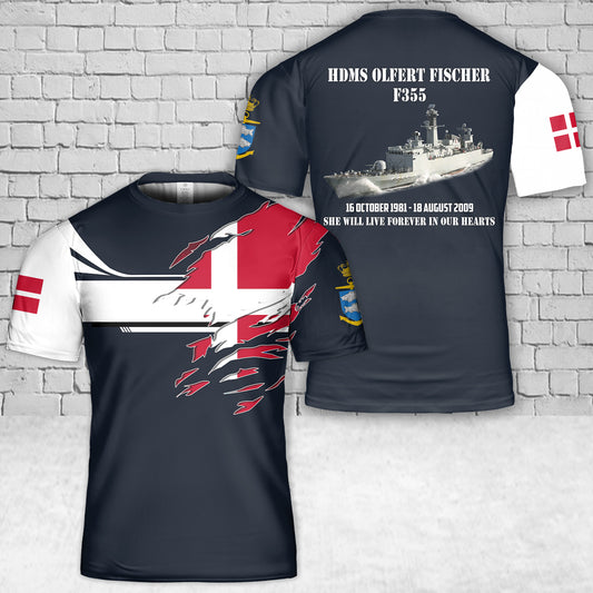 Custom Name Royal Danish Navy Kongelige Danske Marine - Corvette F355 HDMS Olfert Fischer T-Shirt 3D