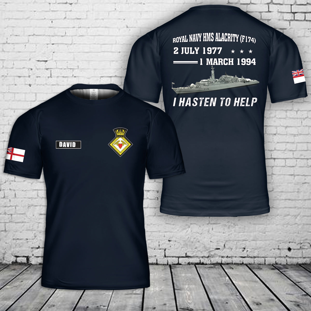 Custom Name Royal Navy HMS Alacrity (F174) 3D T-Shirt