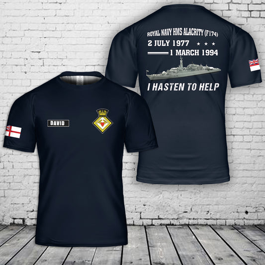 Custom Name Royal Navy HMS Alacrity (F174) 3D T-Shirt
