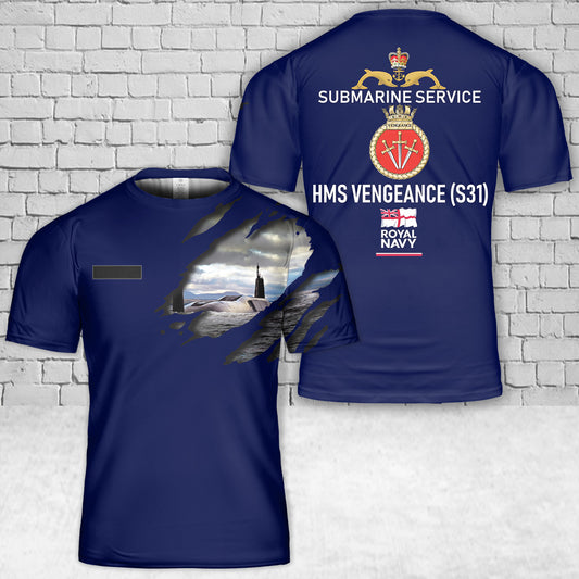 Custom Name Royal Navy Submarine Service HMS Vengeance (S31) T-Shirt 3D