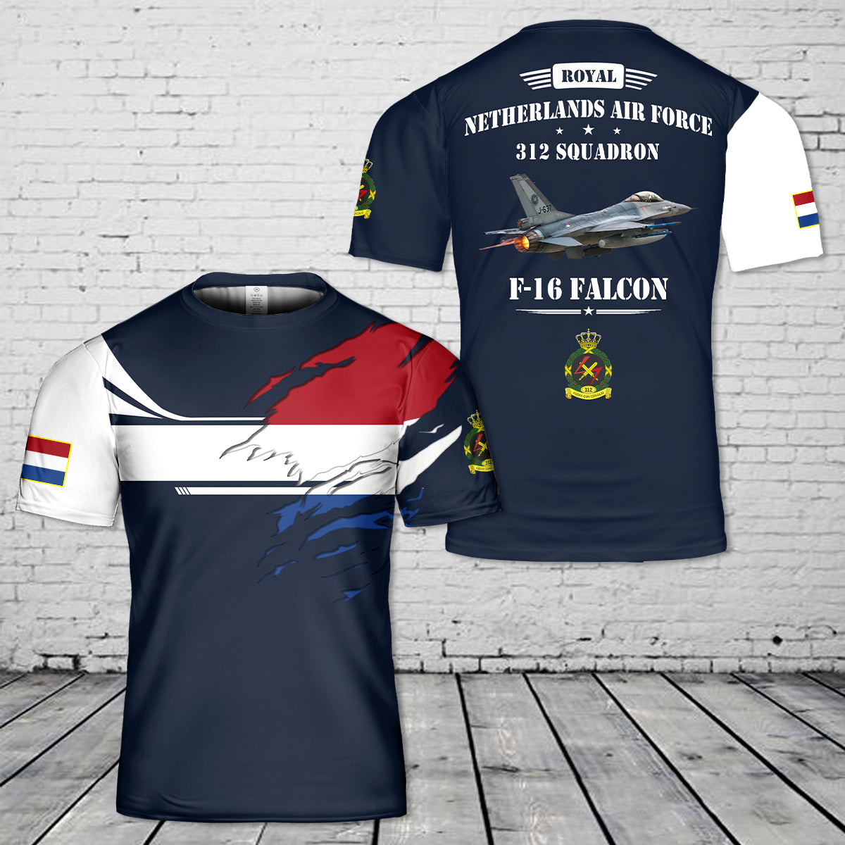 Custom Name Royal Netherlands Air Force 312 Squadron F-16 Falcon T-Shirt 3D