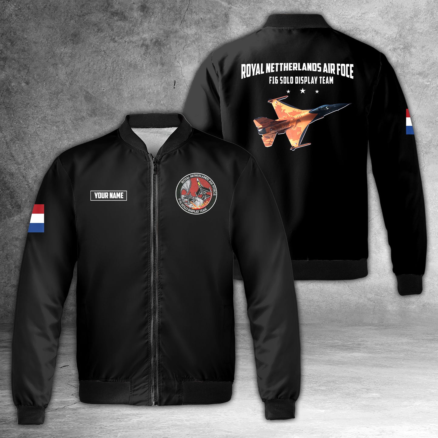 Custom Name Royal Netherlands Air Force F16 solo display team AOP Bomber Jacket
