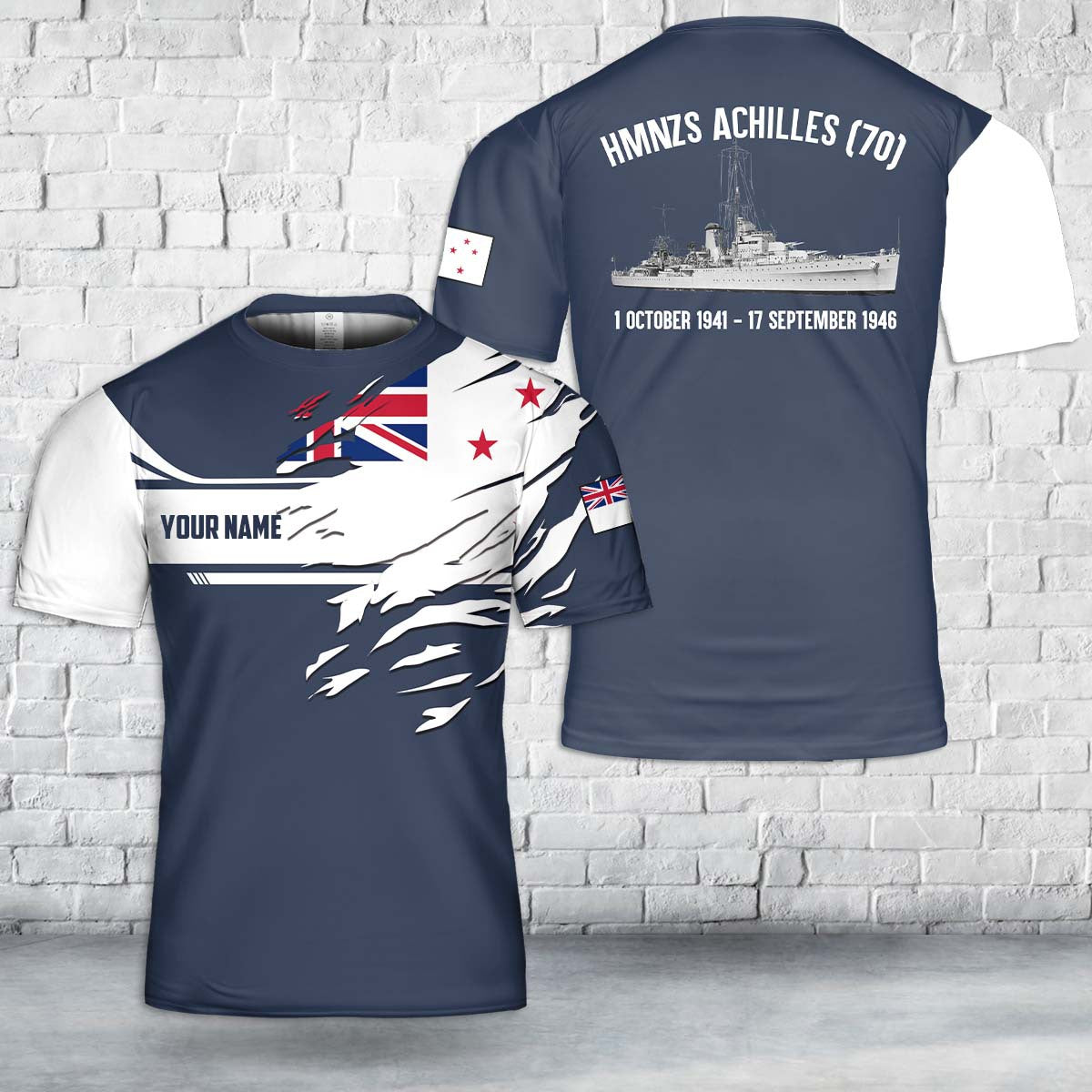 Custom Name Royal New Zealand Navy HMNZS Achilles (70) Leander-class light cruiser In WWII T-Shirt 3D