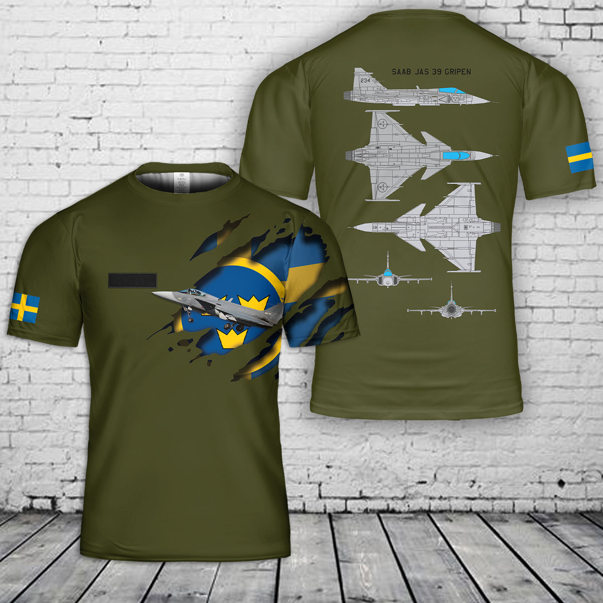 Custom Name Sweden Air Force Saab JAS 39 Gripen T-Shirt 3D