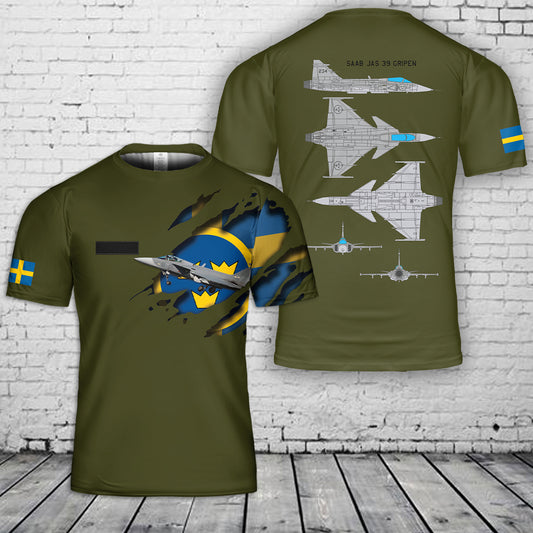 Custom Name Sweden Air Force Saab JAS 39 Gripen T-Shirt 3D