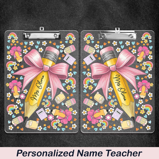 Custom Name Teacher Pencil Coquette Bow Acrylic Clipboard