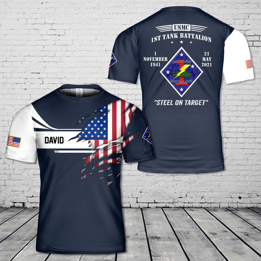 Custom Name USMC 1st Tank Battalion 3D T-Shirt
