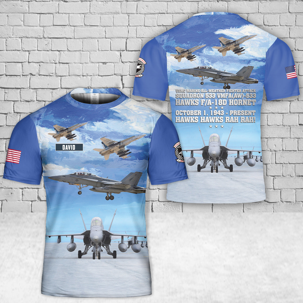 Custom Name USMC Marine All-Weather Fighter Attack Squadron 533 VMFA(AW)-533 Hawks F/A-18D Hornet 3D T-Shirt