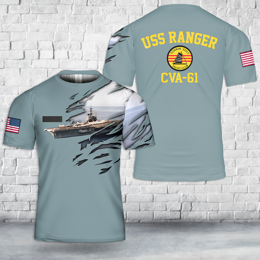 Custom Name US Navy USS Ranger CVA-61 Tonkin Gulf Yacht Club 7th Fleet Vietnam War T-Shirt 3D