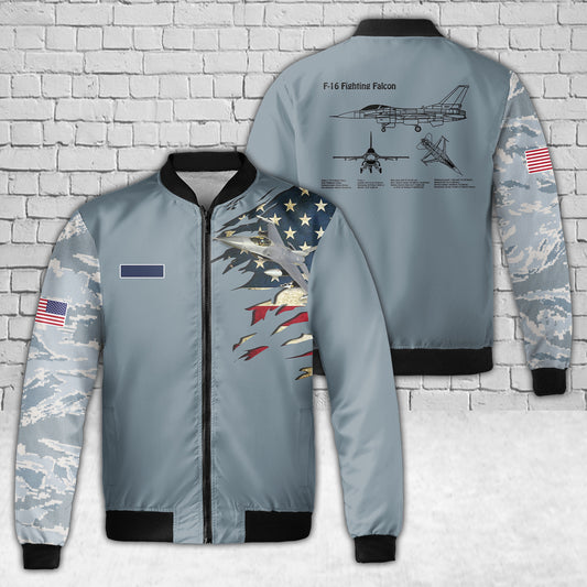 Custom Name US Air Force F-16 Fighting Falcon Fleece Bomber Jacket 3D