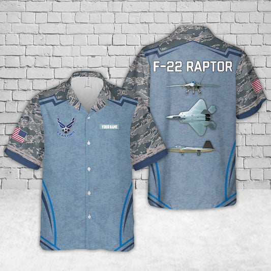 Custom Name US Air Force F-22 Raptor Aircraft Camo Hawaiian Shirt