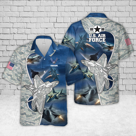 Custom Name US Air Force F-22 Raptor Aircraft Camo Hawaiian Shirt