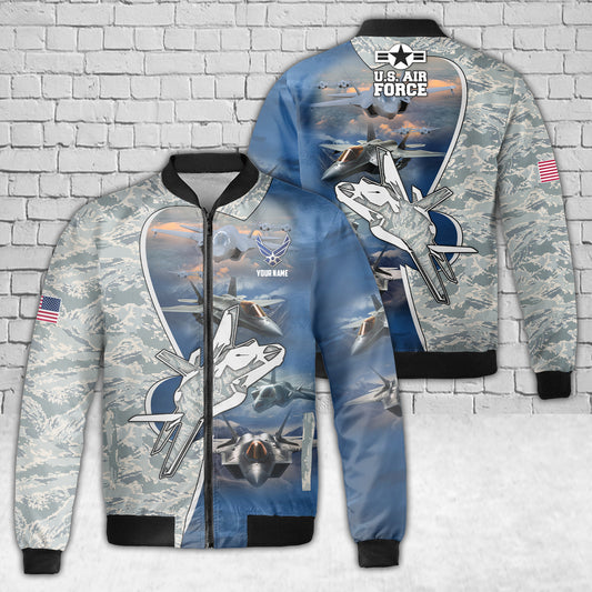 Custom Name US Air Force F-35 Lightning II Aircraft Camo AOP Fleece Bomber Jacket