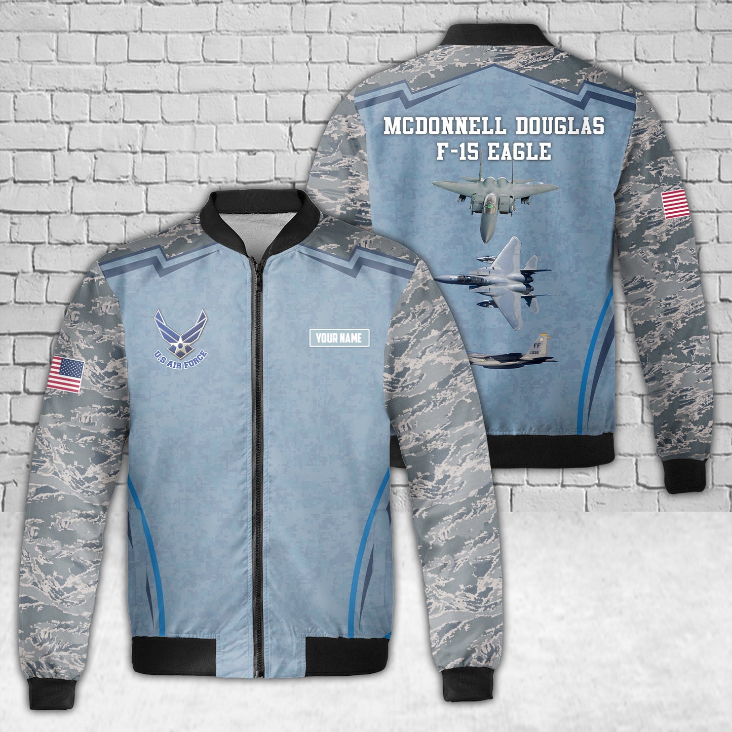 Custom Name US Air Force McDonnell Douglas F-15 Eagle AOP Fleece Bomber Jacket