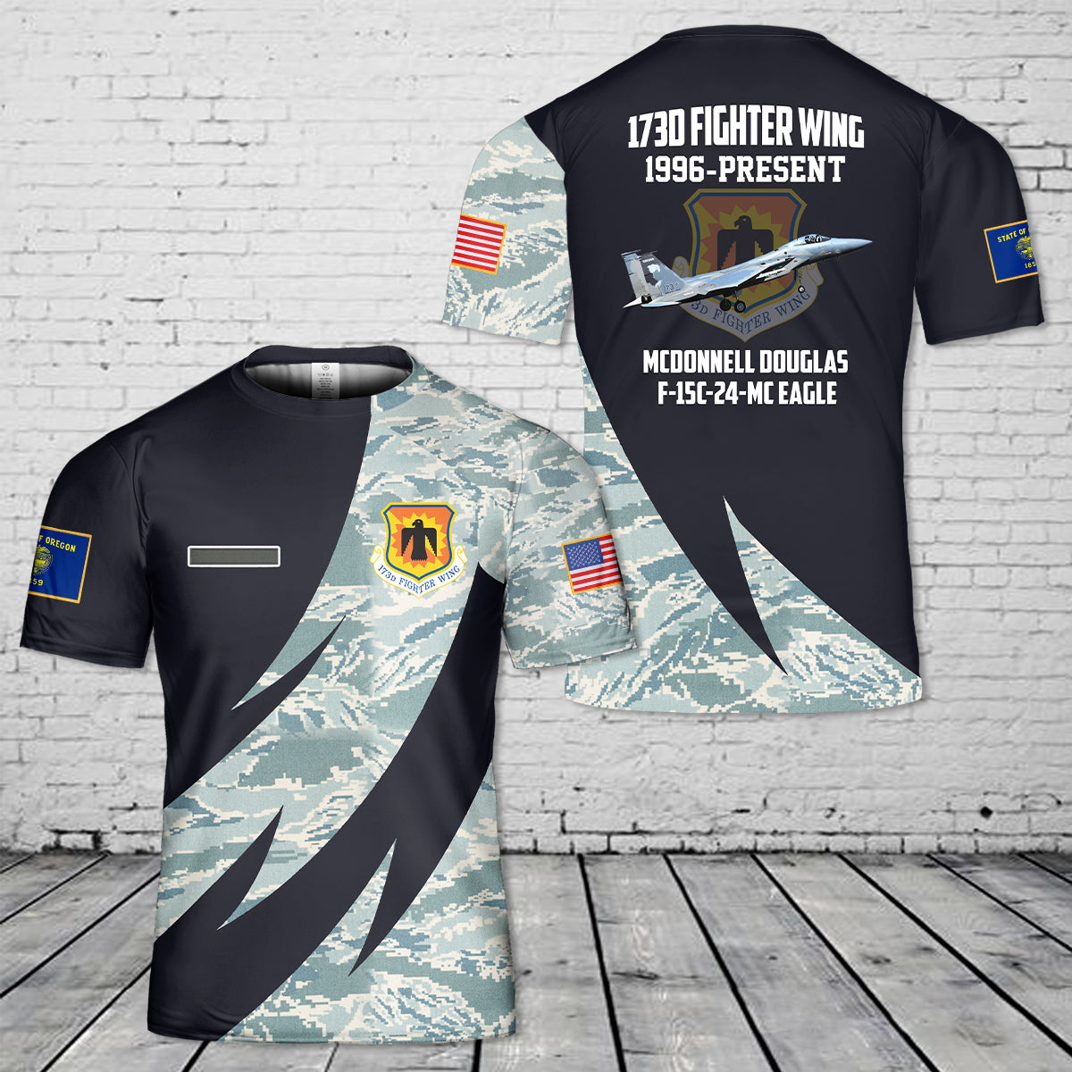 Custom Name US Air Force Oregon Air National Guard, 173d Fighter Wing F-15C-24-MC Eagle AF Ser. No. 79-0022 T-Shirt 3D