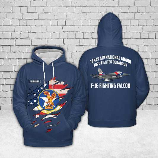 Custom Name US Air Force Texas Air National Guard 182d Fighter Squadron F-16 Fighting Falcon Hoodie 3D