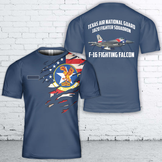 Custom Name US Air Force Texas Air National Guard 182d Fighter Squadron F-16 Fighting Falcon T-Shirt 3D