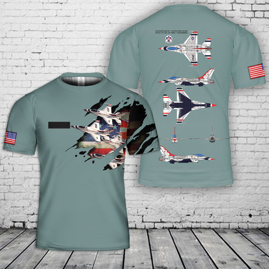 Custom Name US Air Force Thunderbird Lockheed Martin F-16 Fighting Falcon T-Shirt 3D