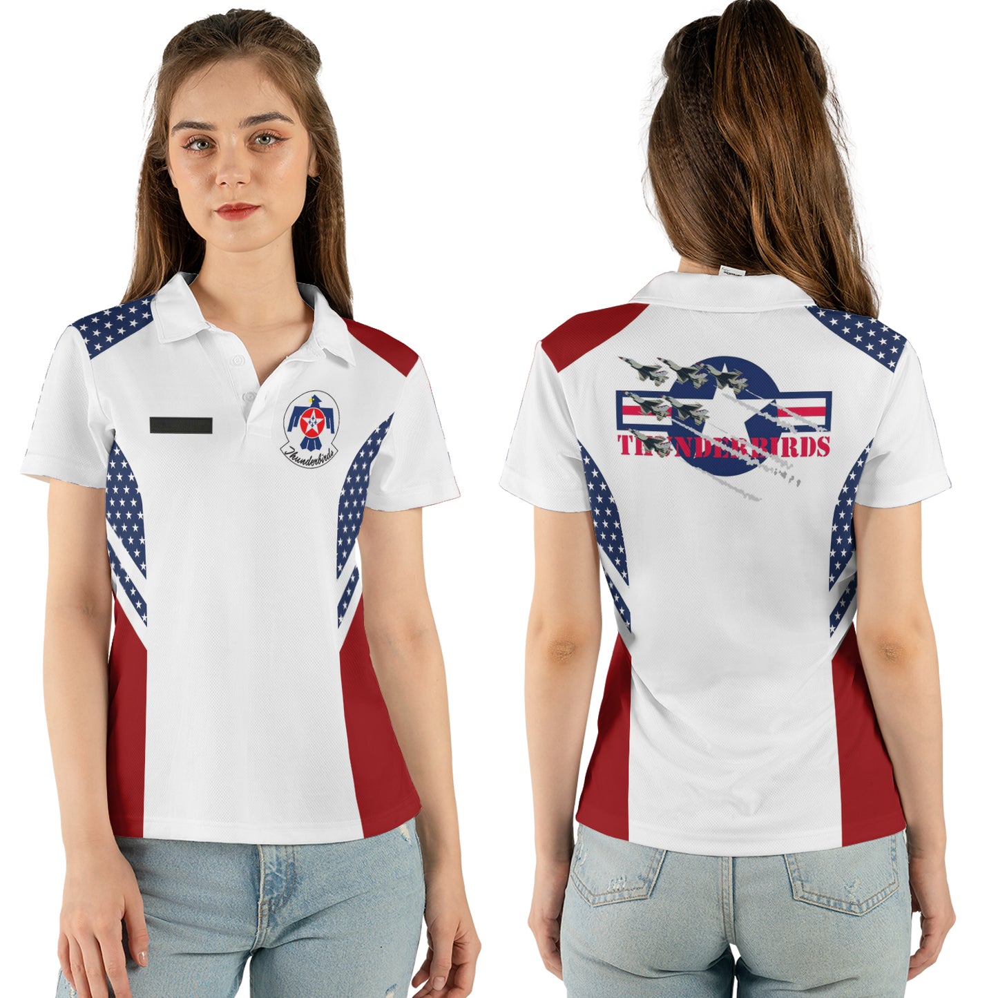 Custom Name US Air Force Thunderbirds AOP Women's Polo Shirt (Midweight)