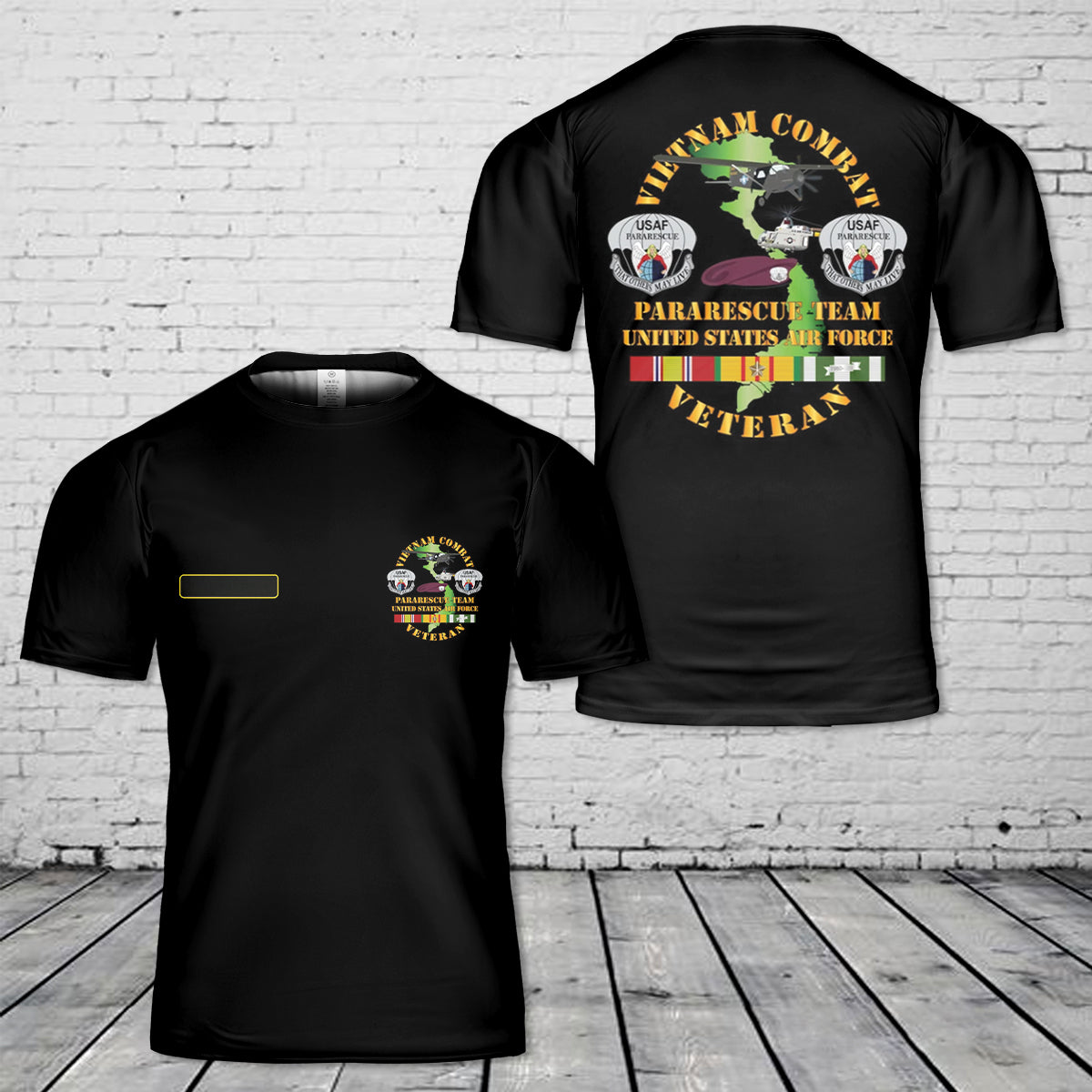 Custom Name US Air Force Vietnam Combat Veteran w Pararescue Huskie T-Shirt 3D