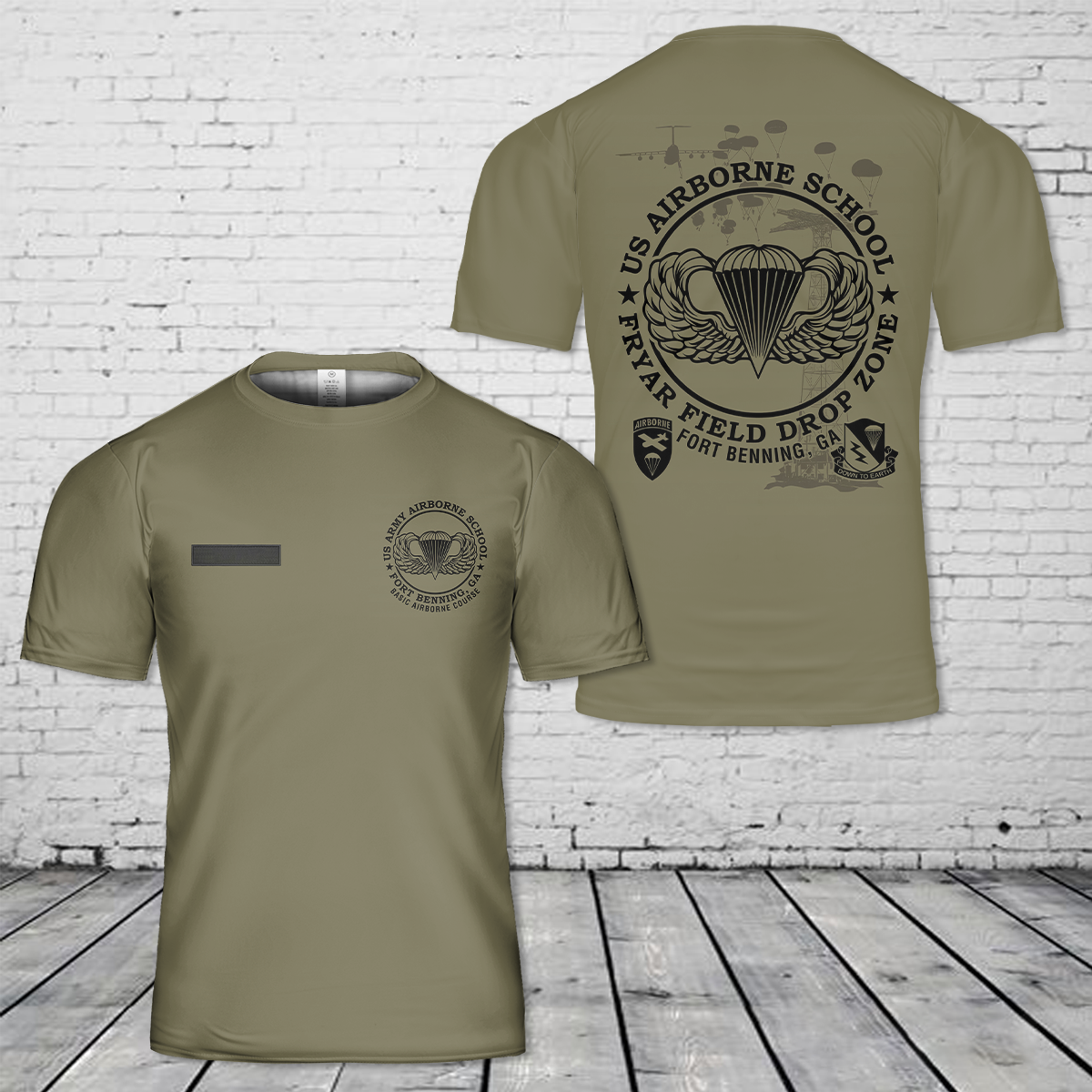 Custom Name US Airborne School Fryar Field Drop Zone Fort Benning, GA T-Shirt 3D
