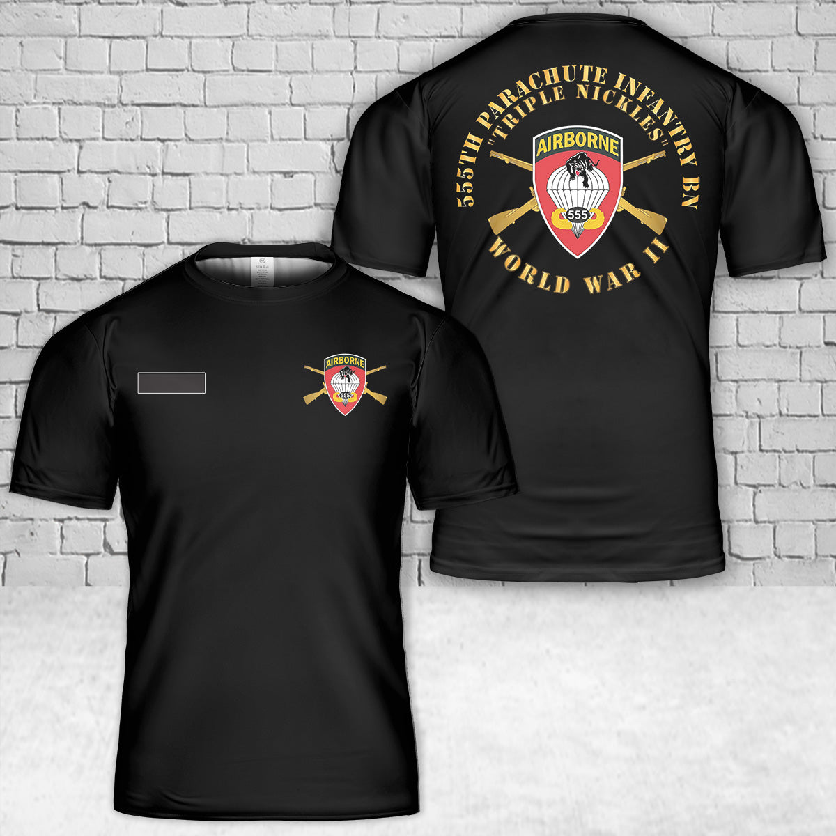 Custom Name US Army - 555th Infantry Parachute Bn SSI - Triple Nickles - WWII T-Shirt 3D