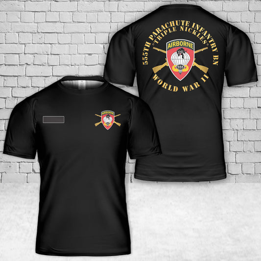 Custom Name US Army - 555th Infantry Parachute Bn SSI - Triple Nickles - WWII T-Shirt 3D