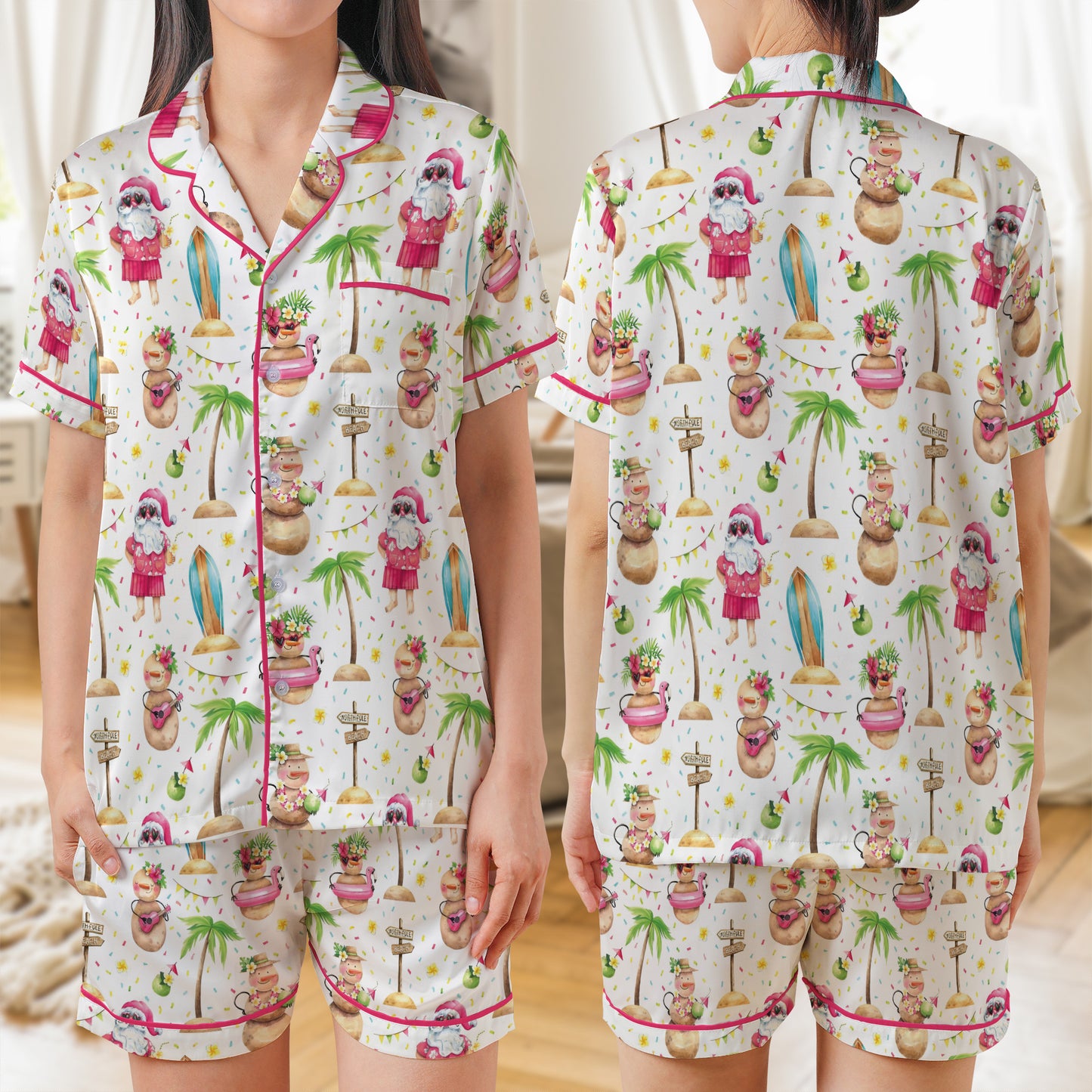 Tropical Christmas party on the beach AOP Satin Short-Sleeve Pajamas Set