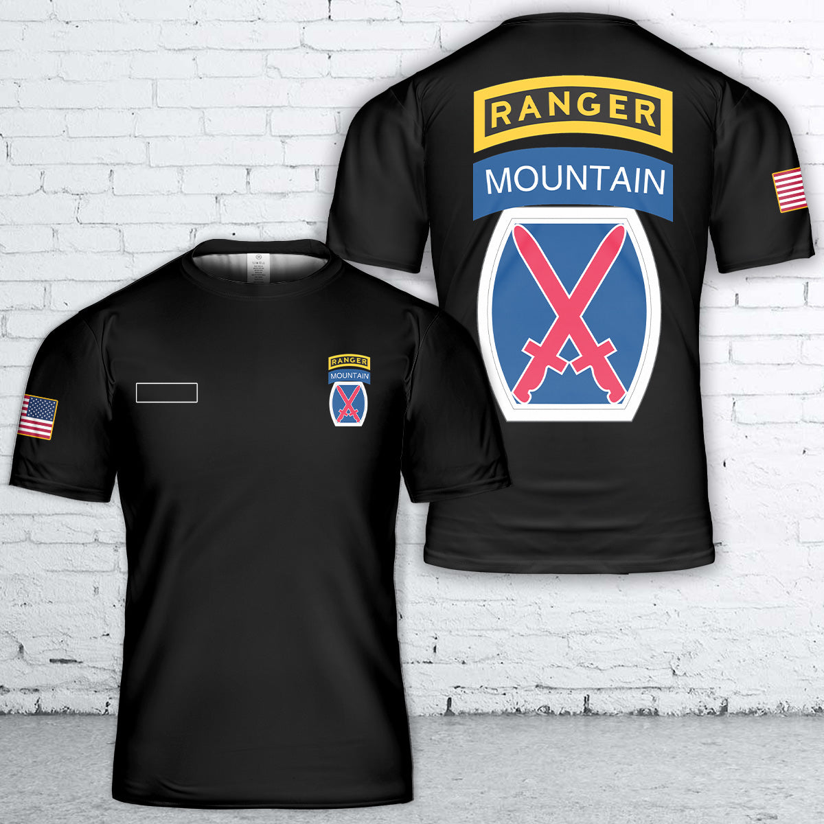 Custom Name US Army 10th Mountain Division with Ranger Tab T-Shirt 3D
