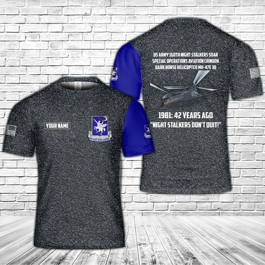 Custom Name US Army 160th Night Stalkers Soar Special Operations Aviation Chinook Dark Horse Helicopter MH-47E 3D T-Shirt