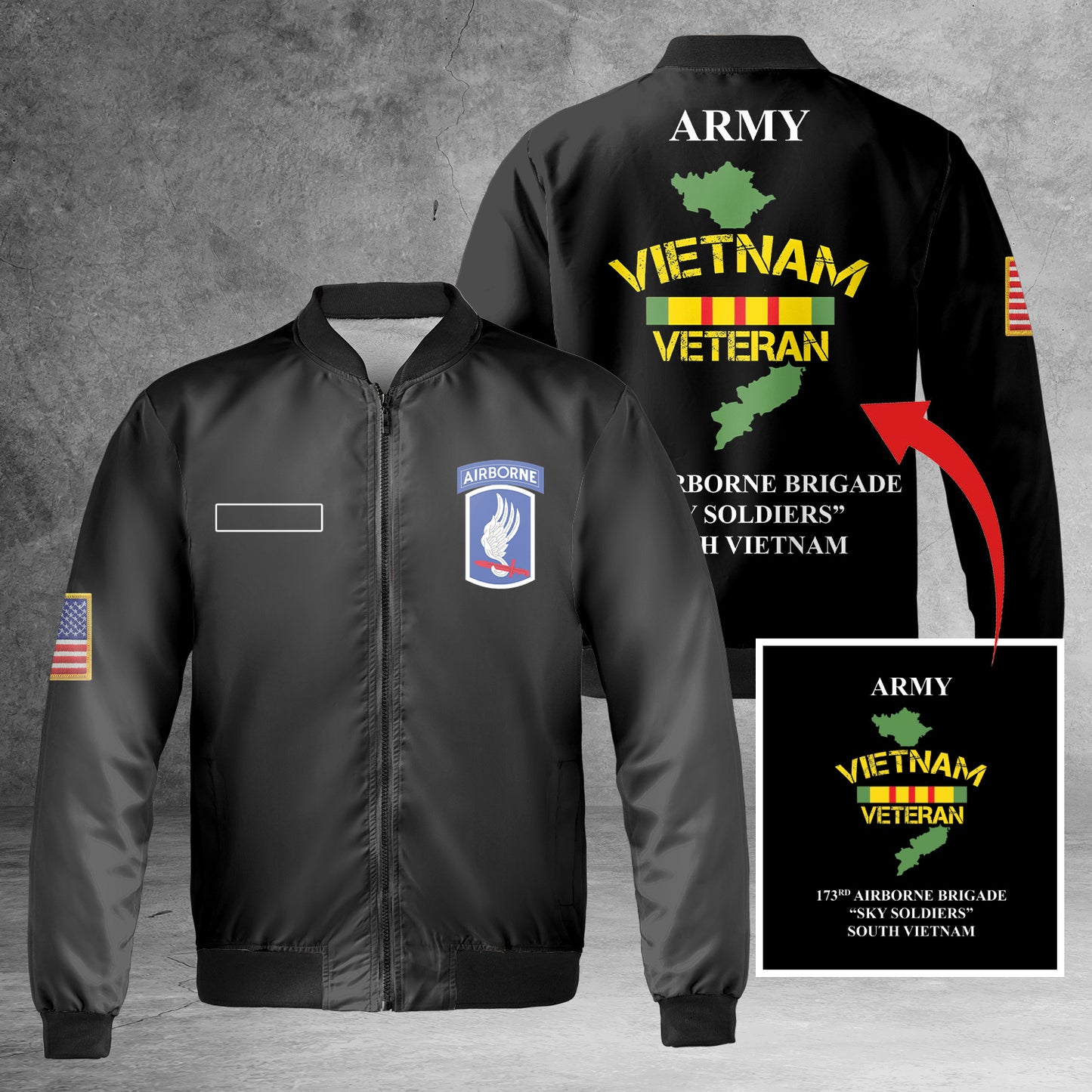 Custom Name US Army 173RD Airborne Brigade " Sky Soldiers" ARMY Vietnam Veteran South Vietnam AOP Fleece Bomber Jacket
