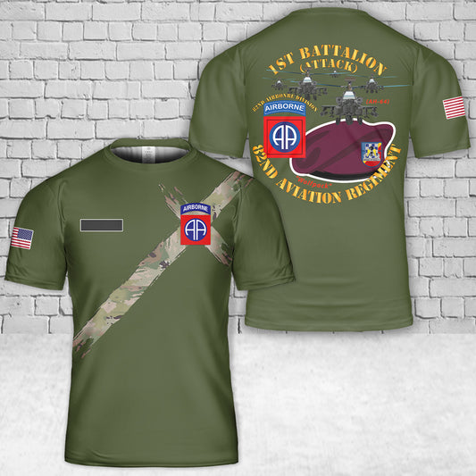 Custom Name US Army 1st Bn 82nd Avn Regiment - Maroon Beret w Atk Helicopters T-Shirt 3D