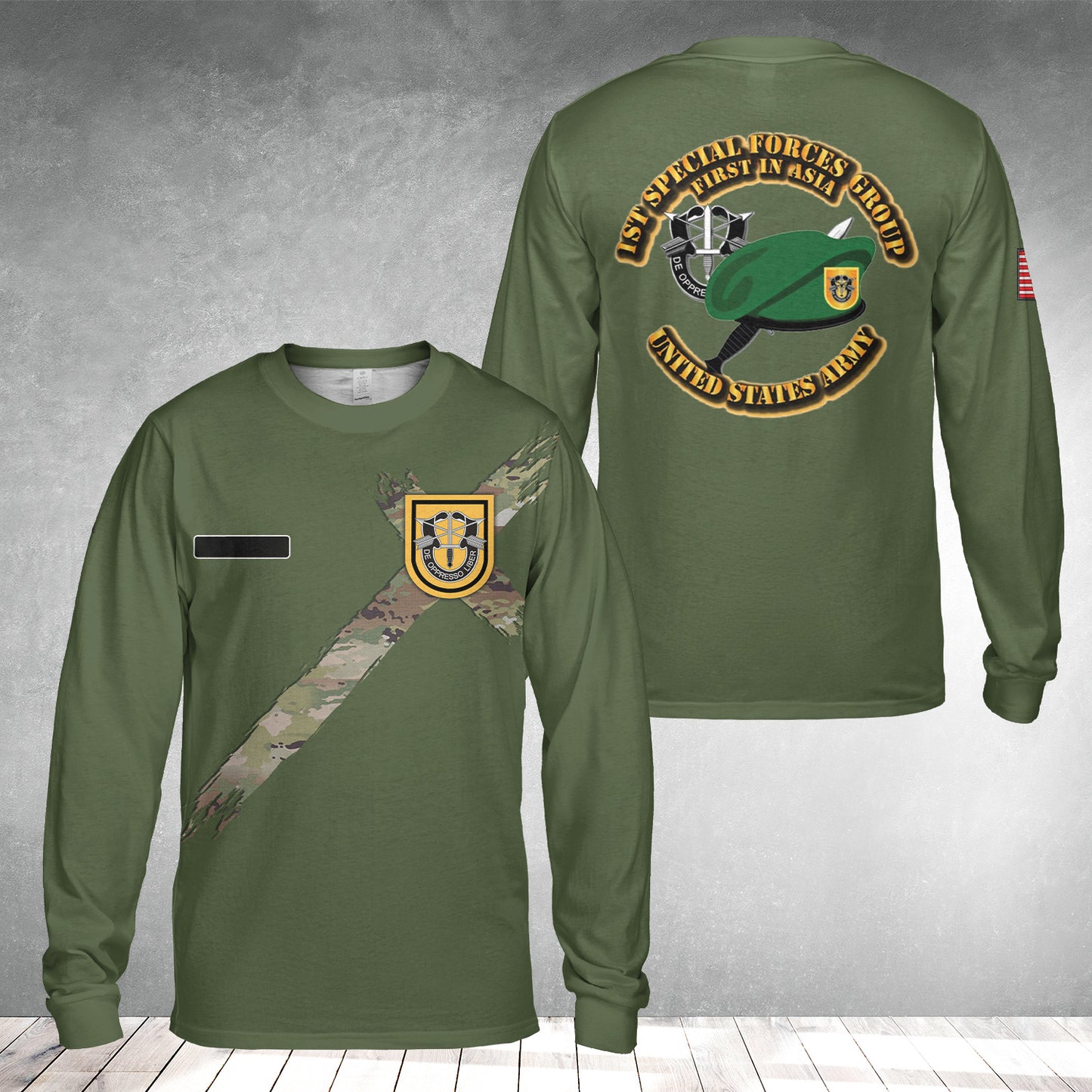 Custom Name US Army 1st Special Forces Group (1st SFG) AOP Long Sleeve Shirt