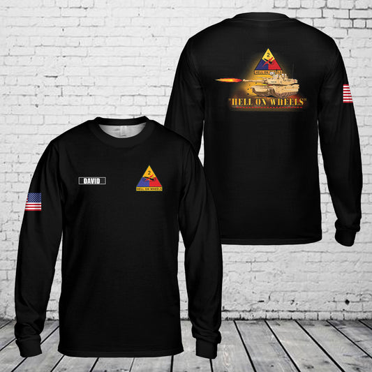 Custom Name US Army 2nd Armored Division - M1A1 Tank - Hell on Wheels with Fire Long Sleeve Shirt