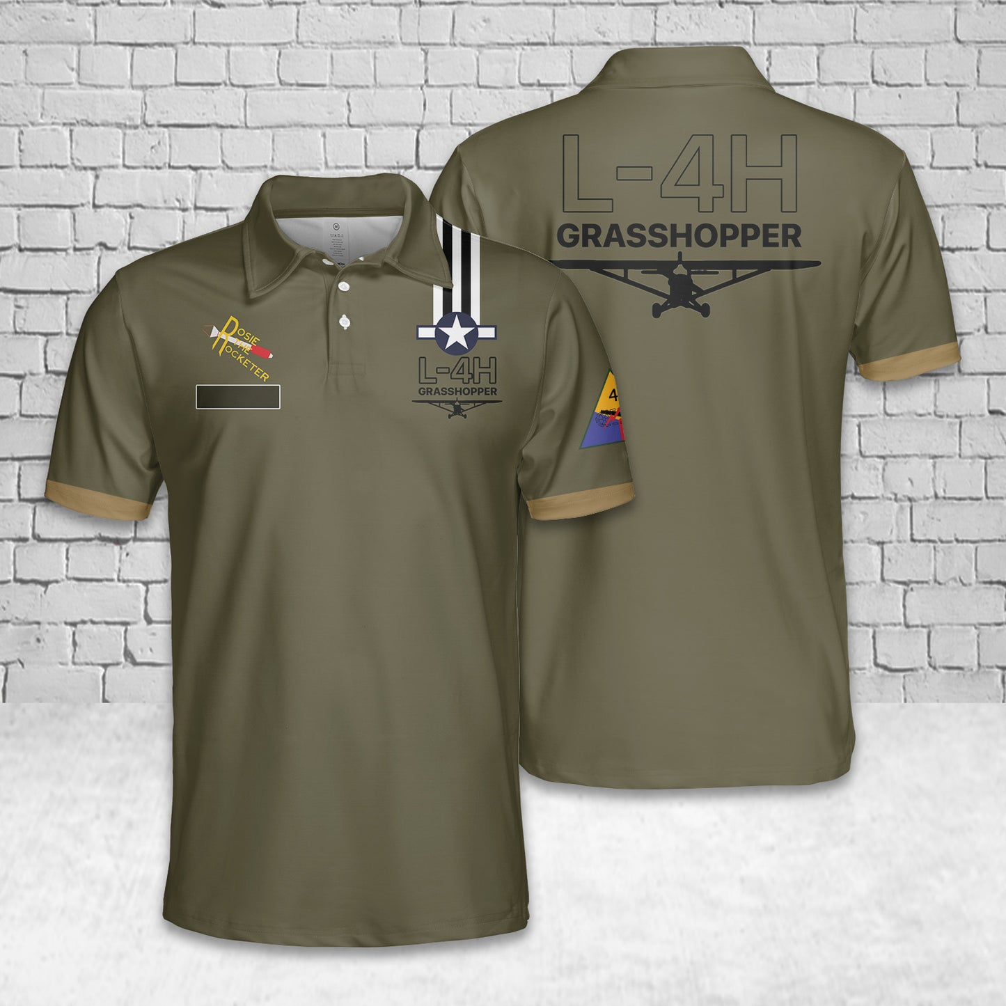 Custom Name US Army 4th Armored Division Piper L-4 Grasshopper Rosie the Rocketer Polo Shirt