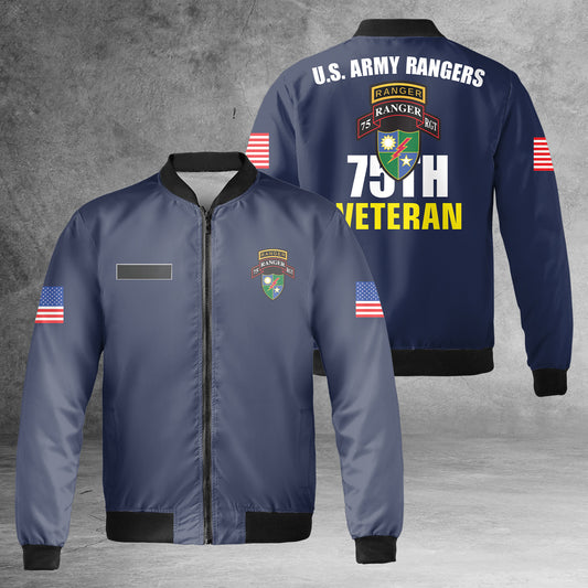 Custom Name US Army 75th Ranger Regiment Veteran AOP Fleece Bomber Jacket