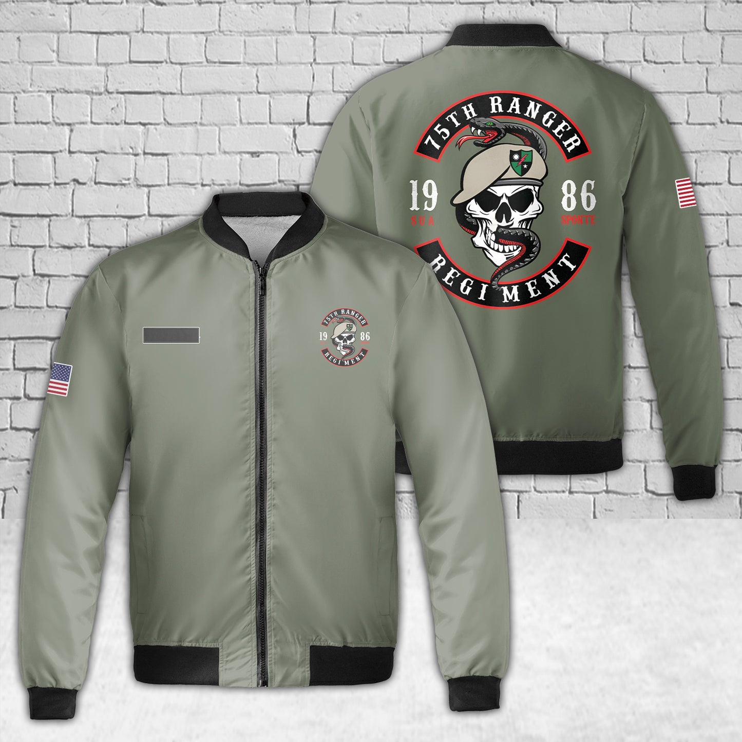 Custom Name US Army 75th Ranger Skull And Snake AOP Fleece Bomber Jacket