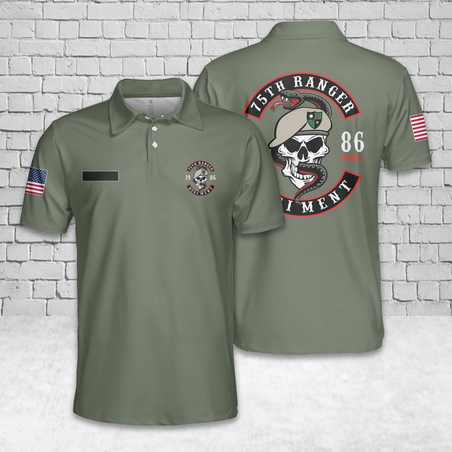 Custom Name US Army 75th Ranger Skull And Snake Polo Shirt