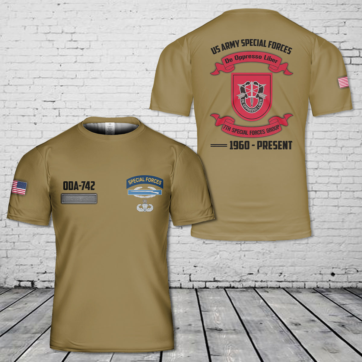 Custom Name US Army 7th Special Forces Group (7th SFG) CIB ODA-742 Master Wings T-Shirt 3D