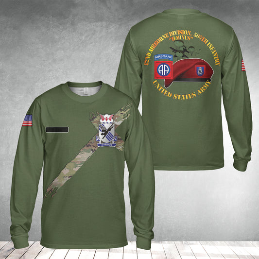 Custom Name US Army 82nd Airborne Division 505th Parachute Infantry Regiment Long Sleeve Shirt